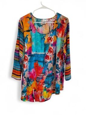 Parsley & Sage Women’s Top 2X Colorful Art Abstract Lagenlook Boho 3/4th Sleeve